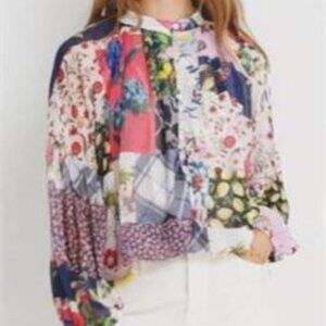 NWT Desigual Women’s Mao Collar Crop Patchwork Print Blouse (L & XL)